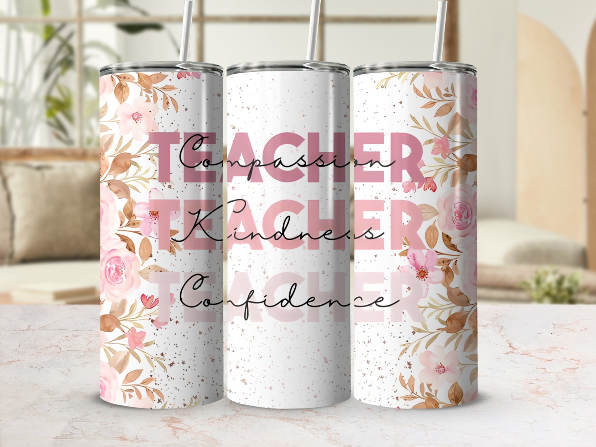 Pink floral tumbler with "Compassion Kindness Confidence" text.