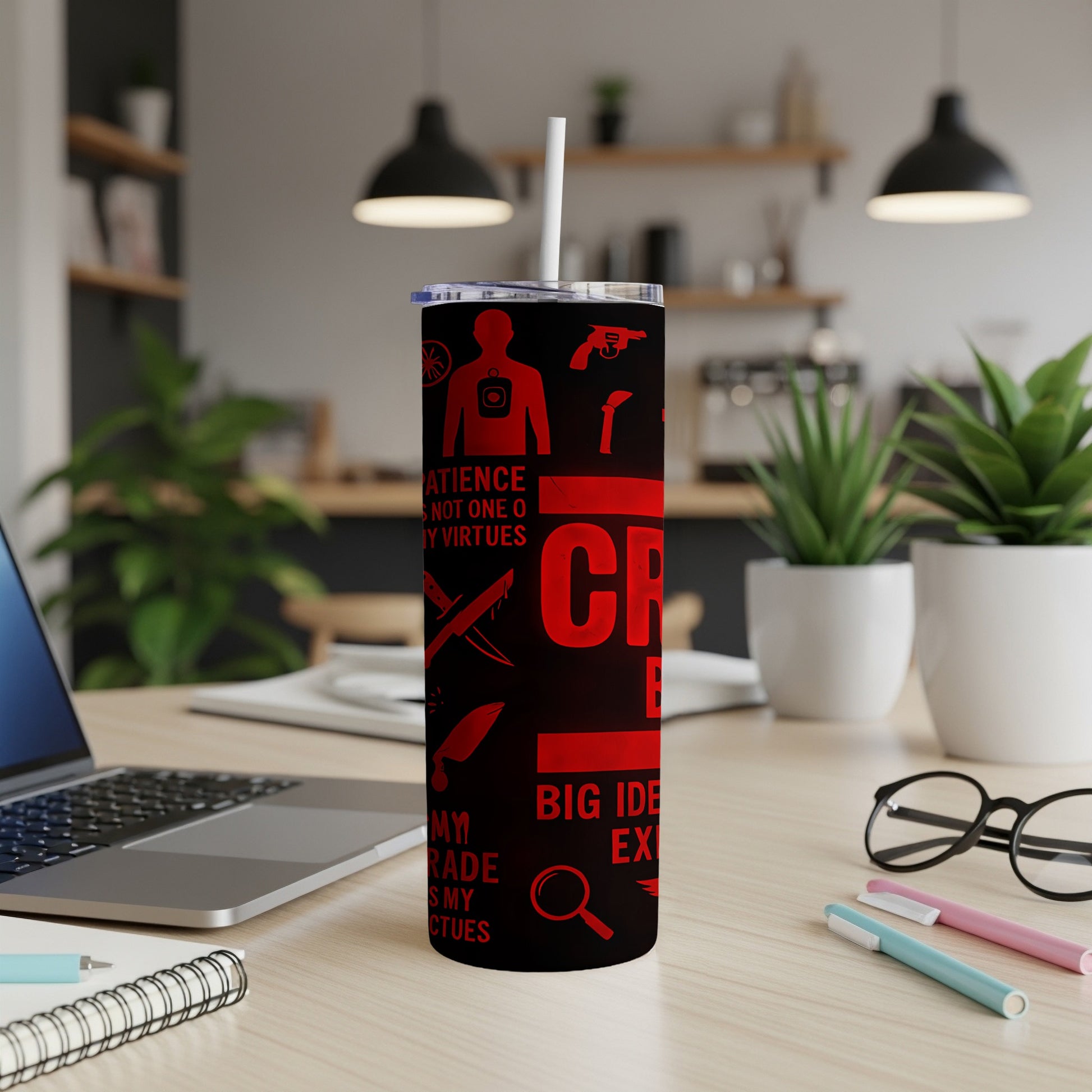 Black tumbler with red text and graphics, including "CRIMINAL" and crime scene symbols.