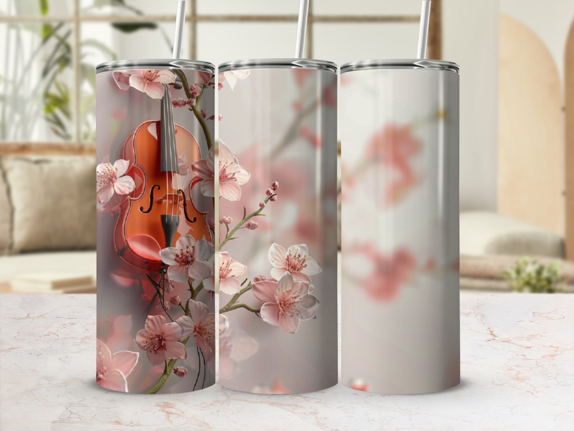 Violin and cherry blossoms on a skinny tumbler with straw.