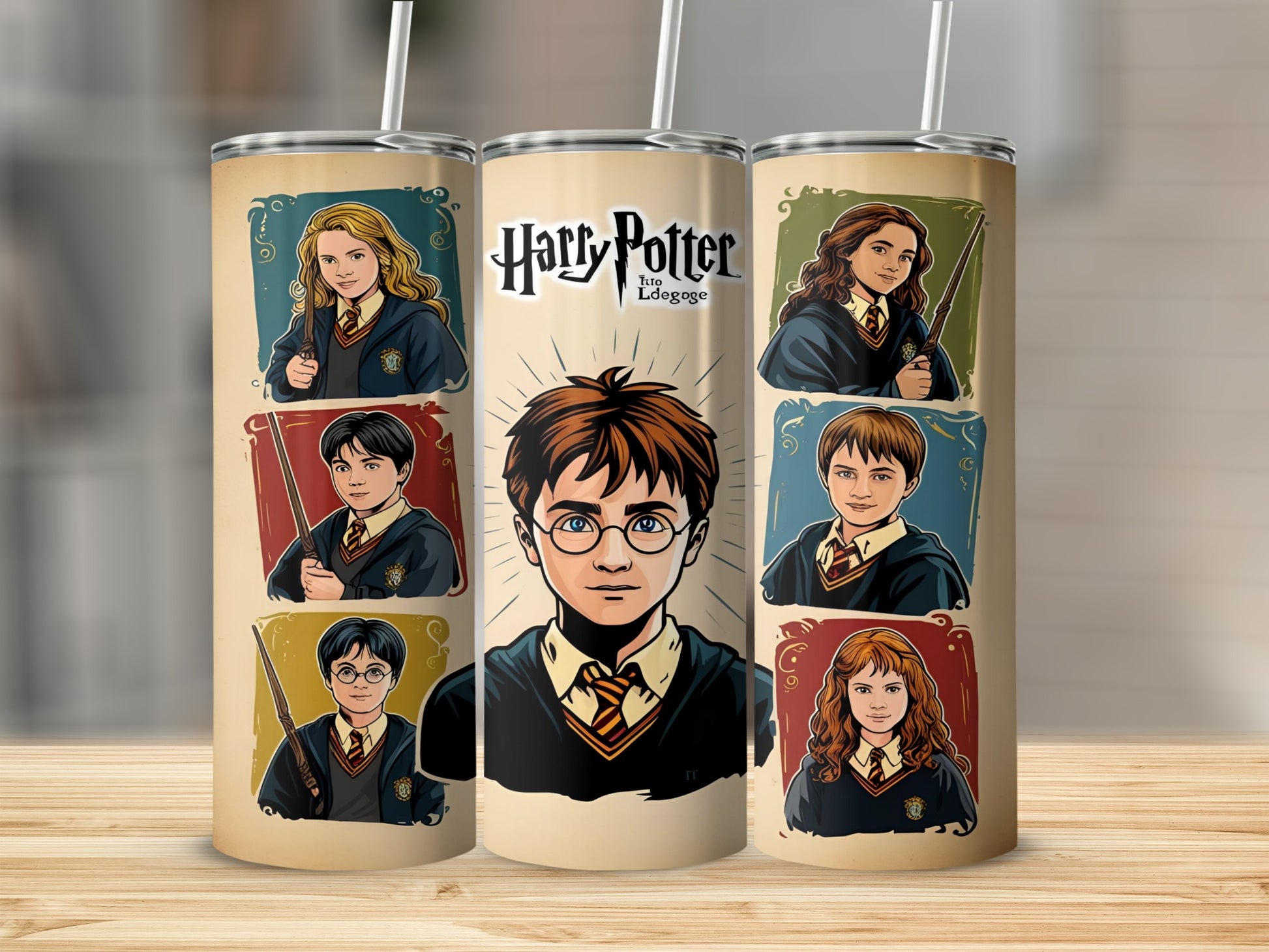 Harry Potter characters in stylized portraits on a tumbler.