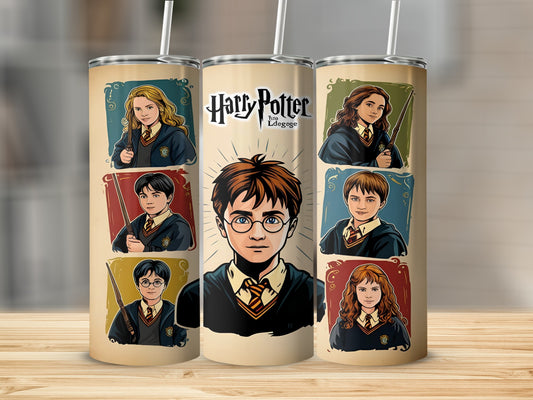 Harry Potter characters in stylized portraits on a tumbler.