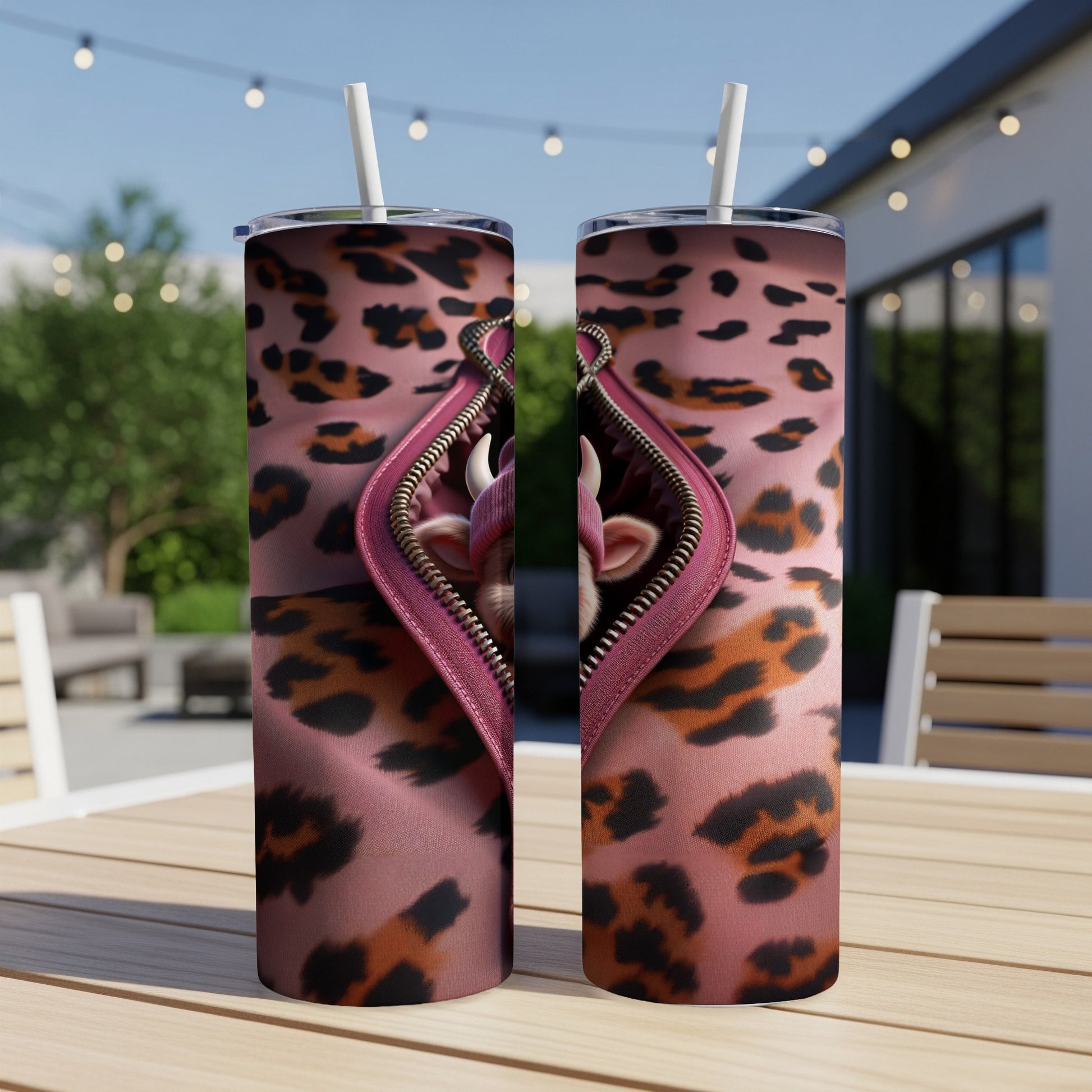 Two insulated tumblers with leopard print and a zipped opening revealing a cute puppy.