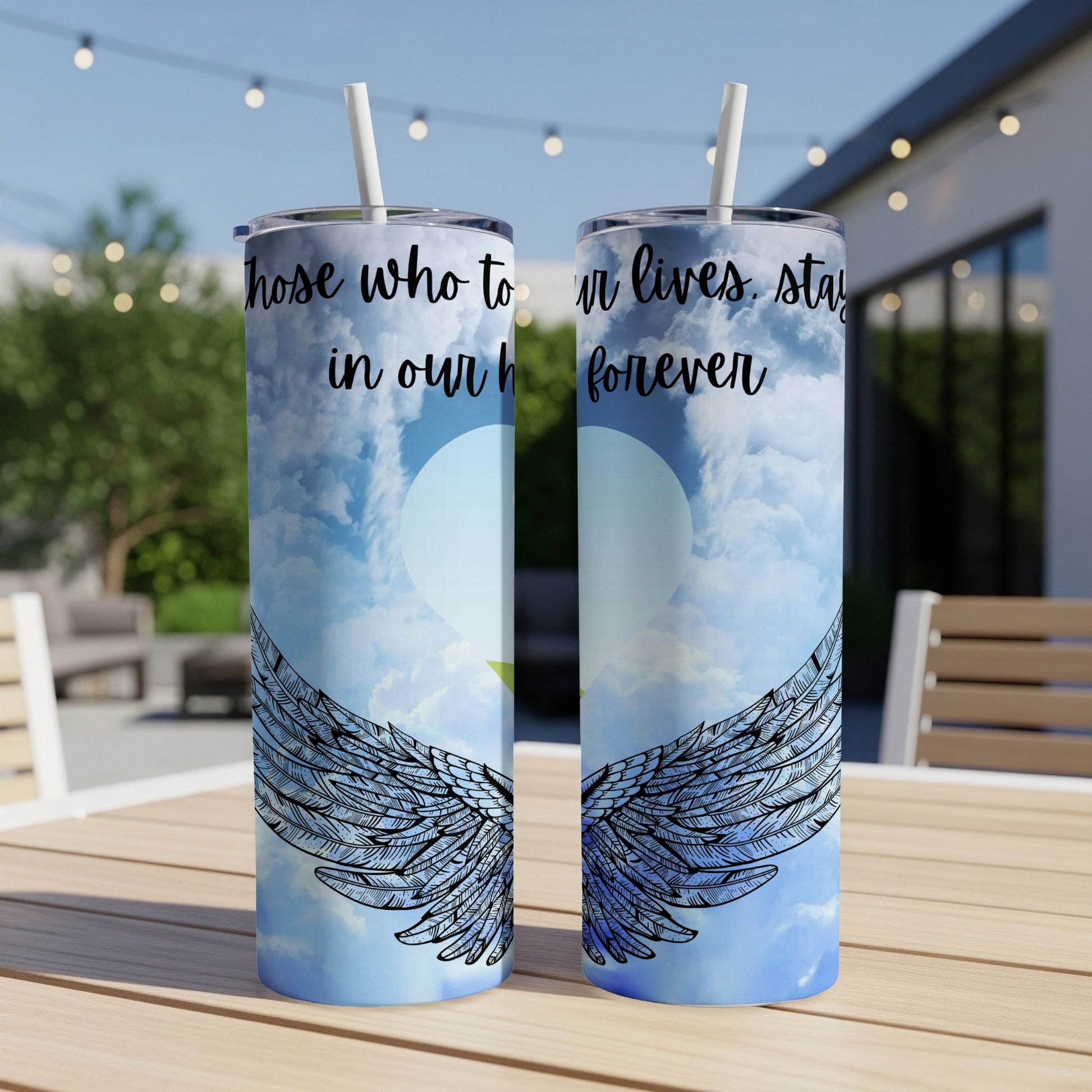 Two tumblers with angel wings, heart, and text "Those who touch our lives, stay in our hearts forever."