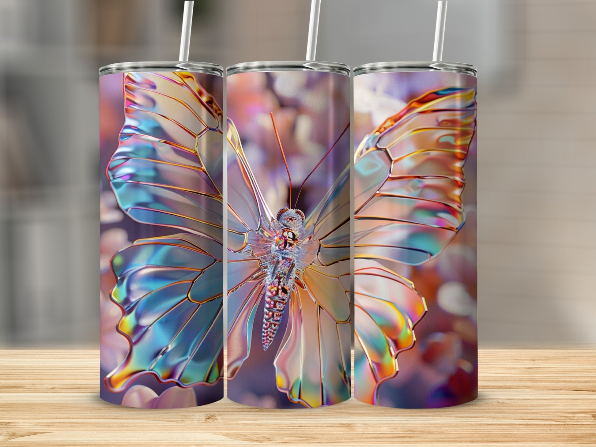 Three iridescent, faceted butterfly tumblers on a wooden surface.
