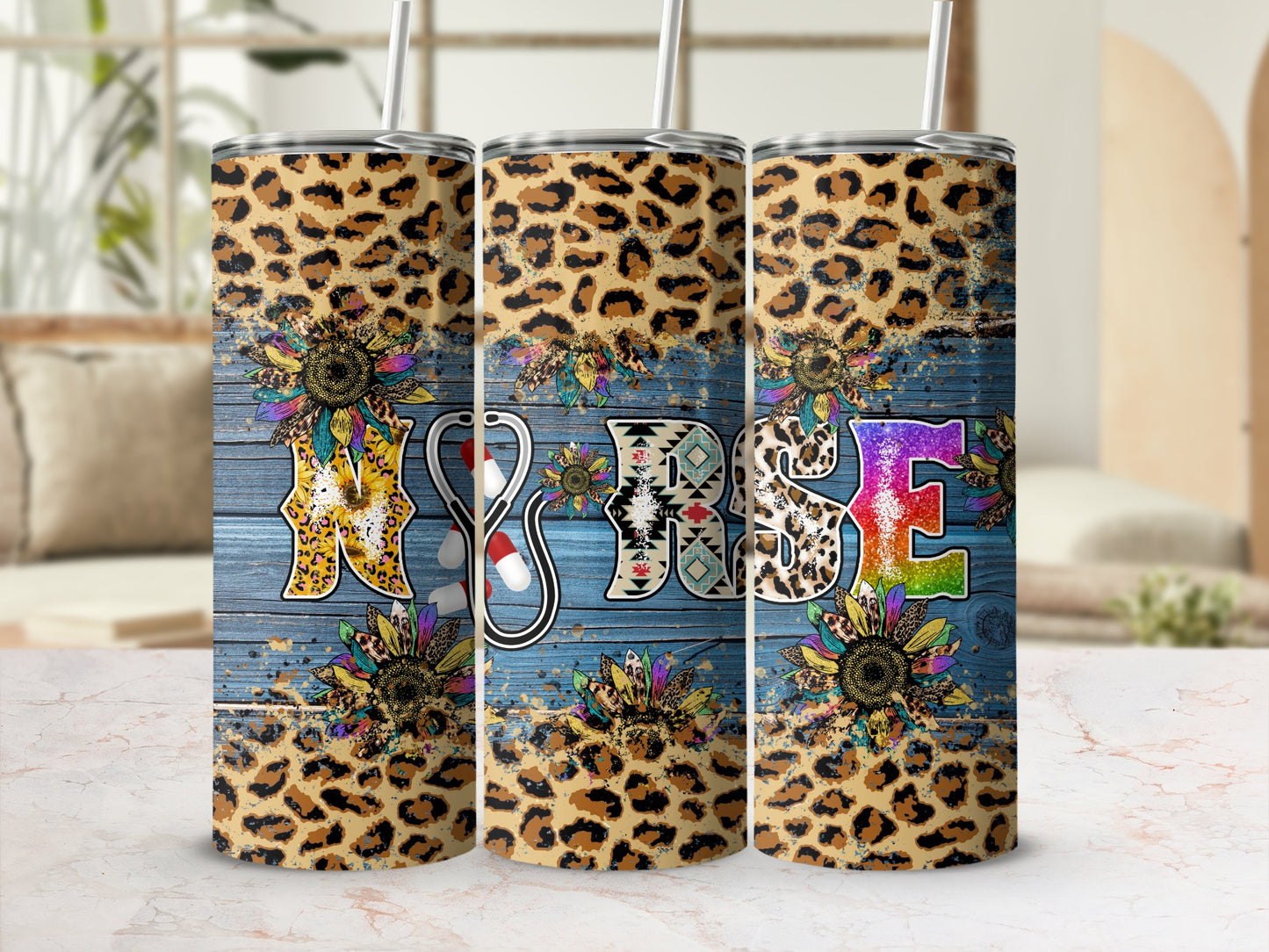 Leopard print tumbler with "NURSE" text, sunflowers, and stethoscope detail.