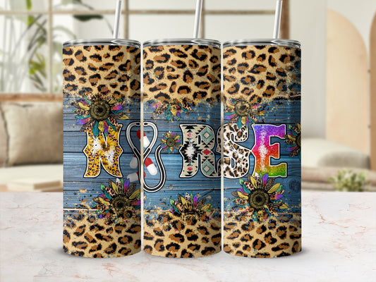 Leopard print tumbler with "NURSE" text, sunflowers, and stethoscope detail.