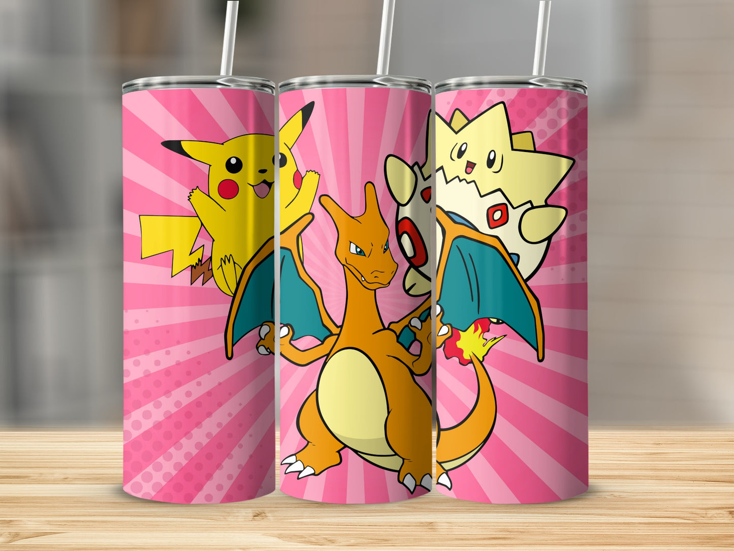 Pikachu Charizard Togepi Design Pink Background tumbler