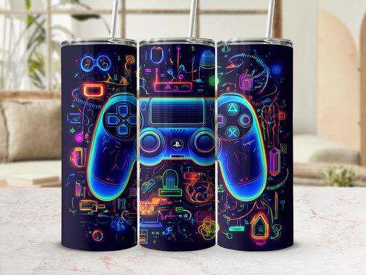 Three insulated tumblers with neon gaming controller and circuit board designs.