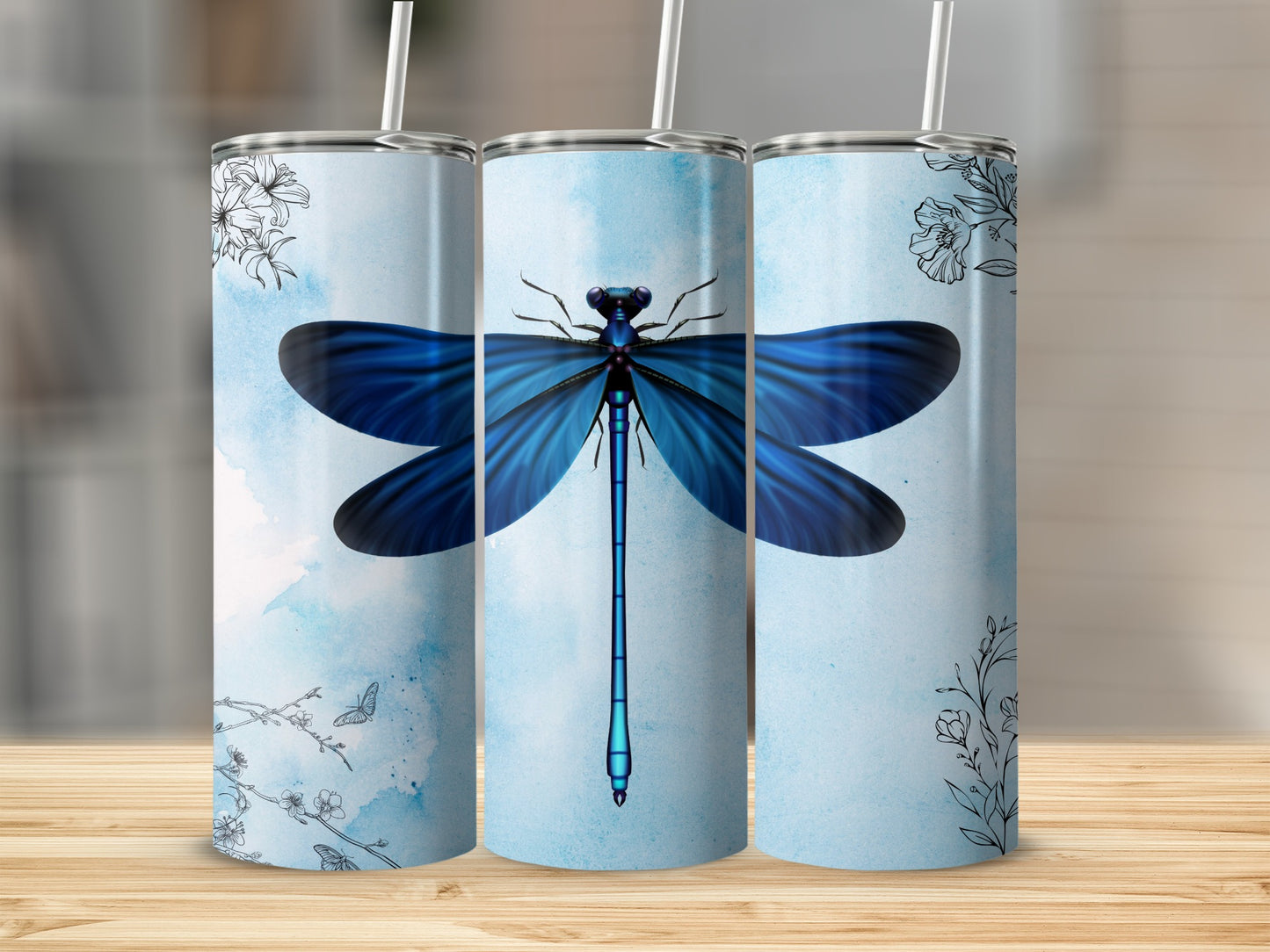 Blue Dragonfly Artwork on Light Blue Background Tumbler