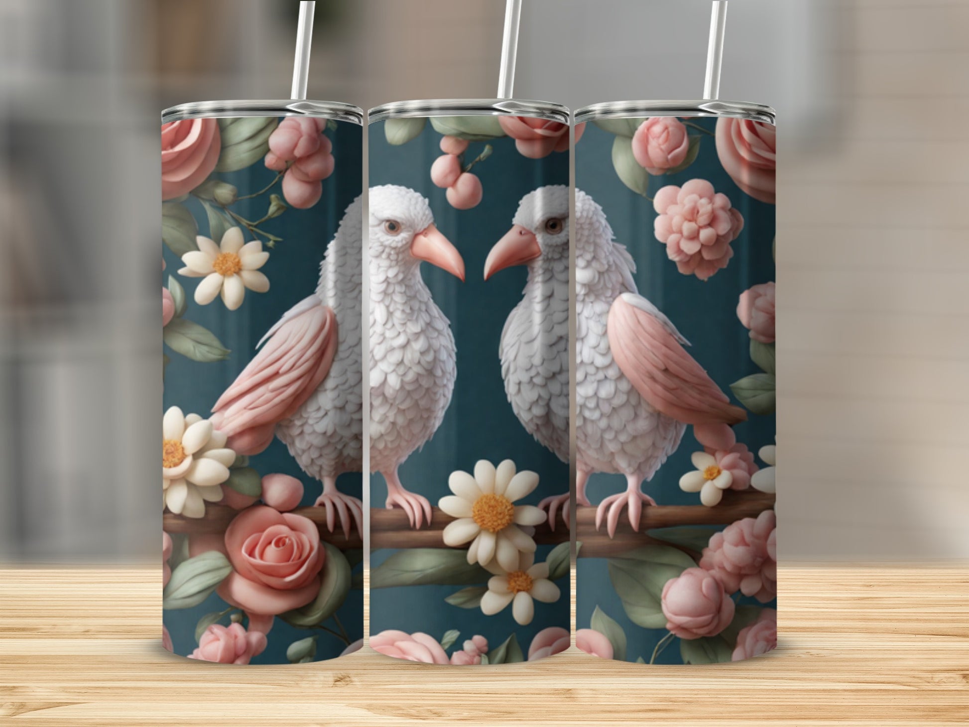 Two white birds with pink wings sit on a branch surrounded by pink roses.