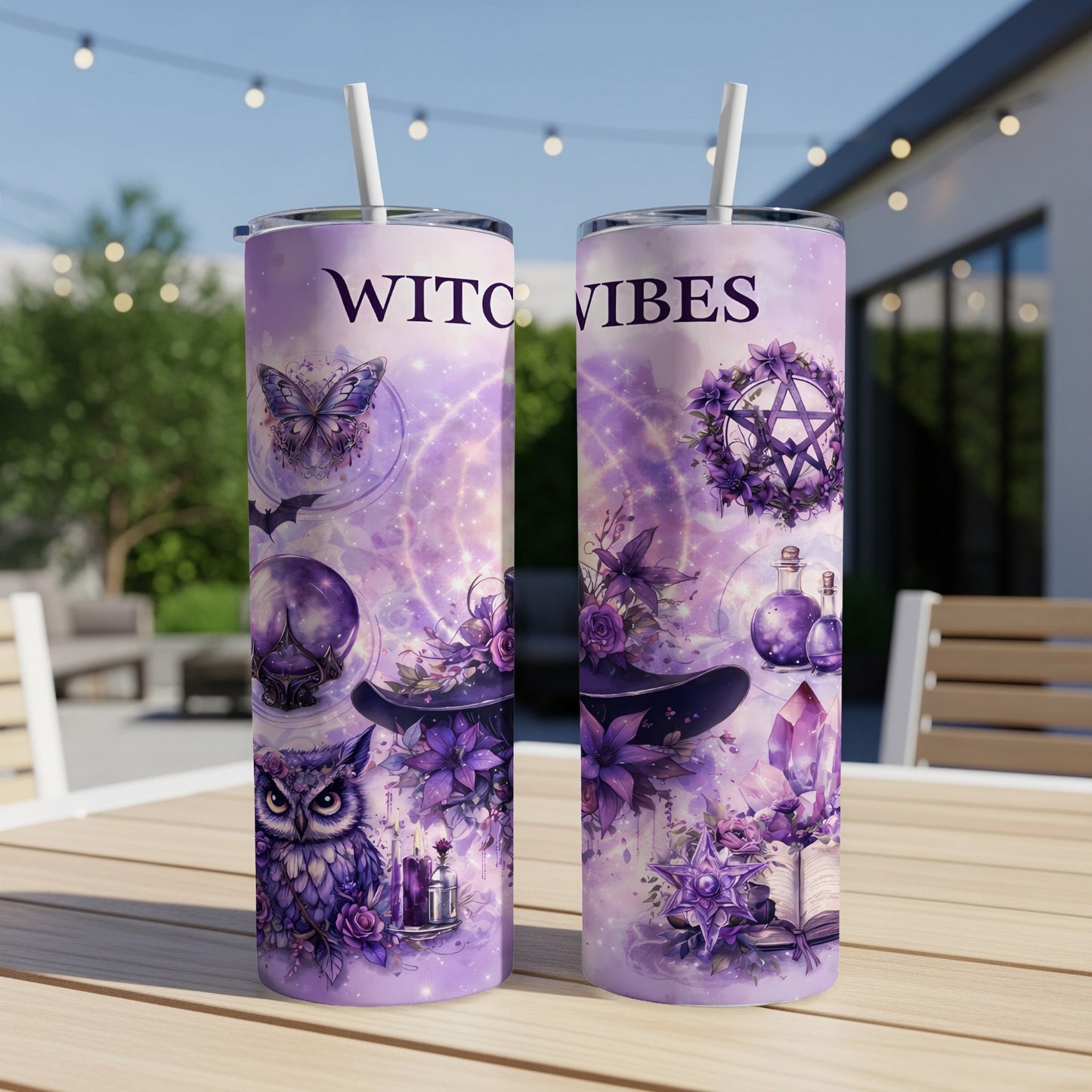 Two tumblers featuring "Witch Vibes" with purple mystical imagery like owls, butterflies, and crystals.