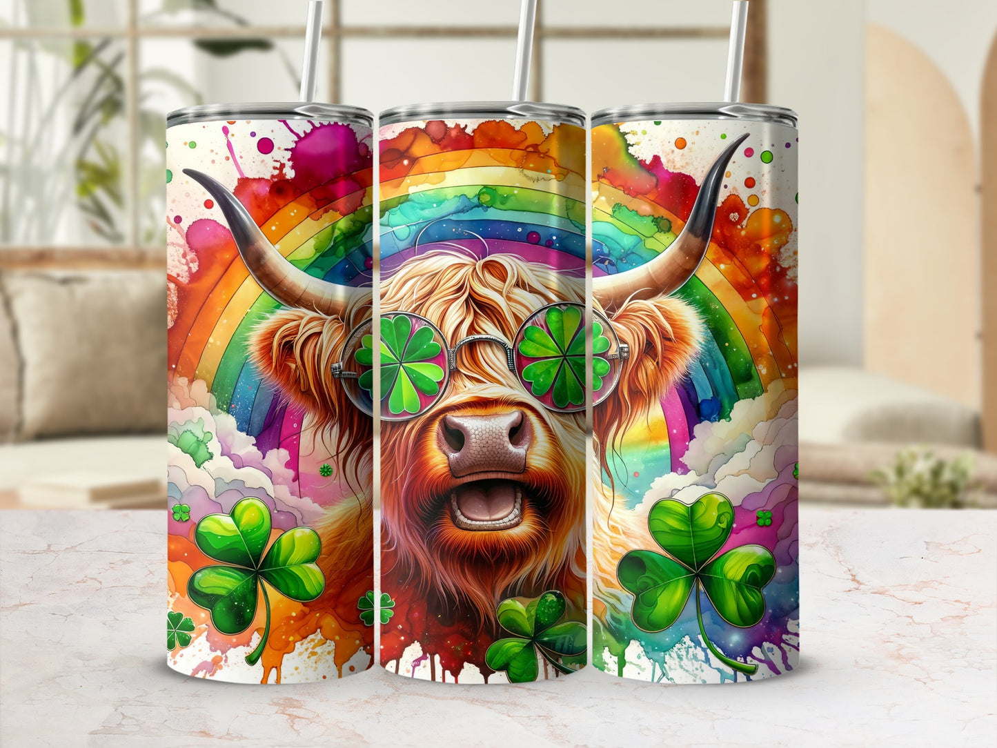 Highland cow with rainbow and shamrock sunglasses.