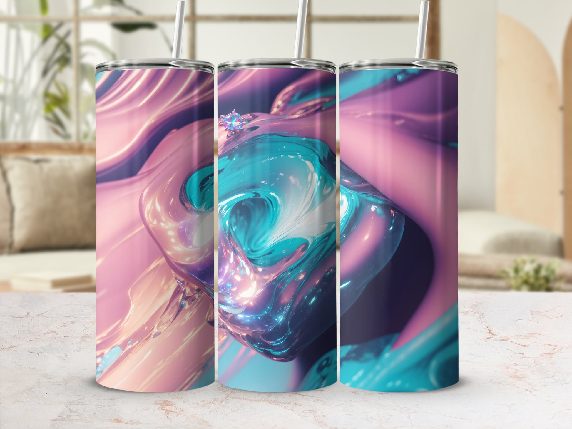 Three tumblers with iridescent swirling abstract liquid art design.