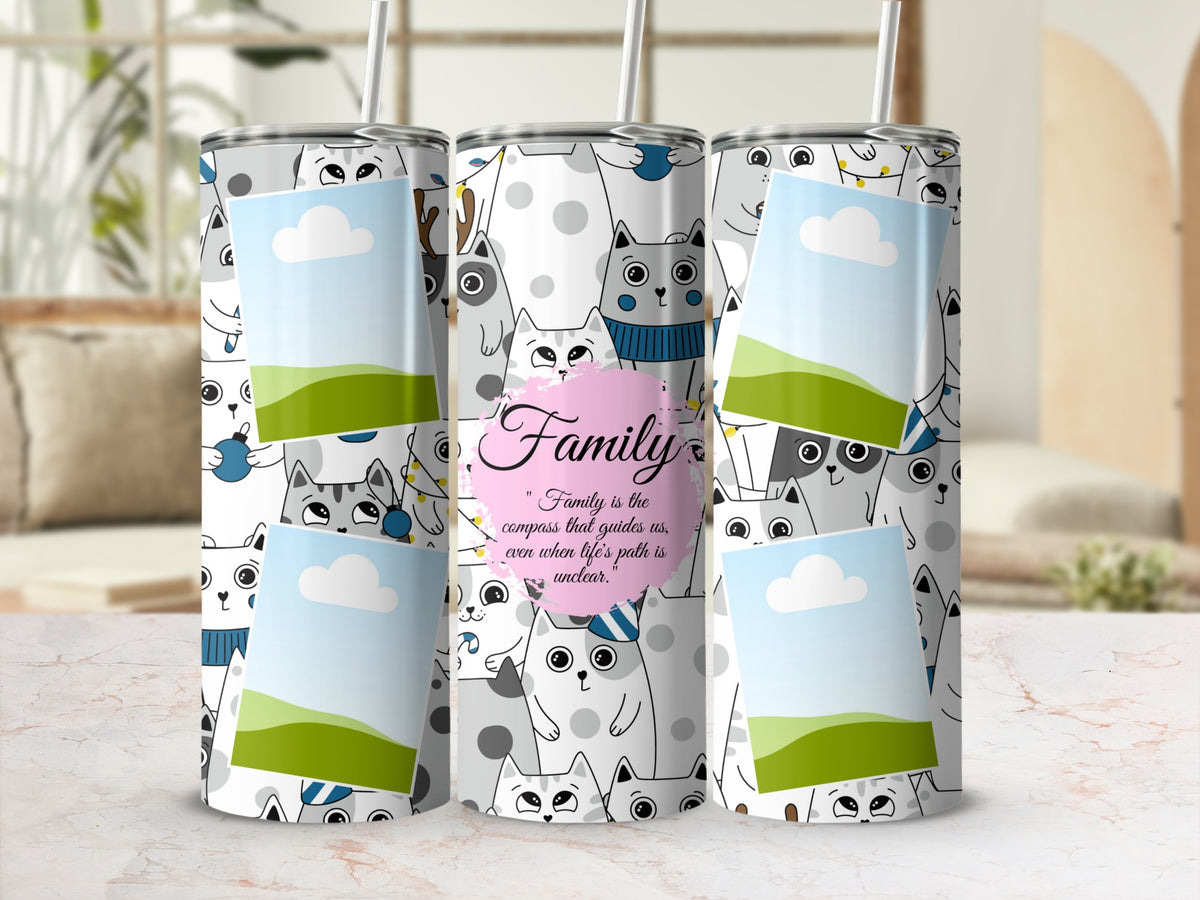 Three tumblers with a cat pattern, customizable photo inserts, and "Family" quote.