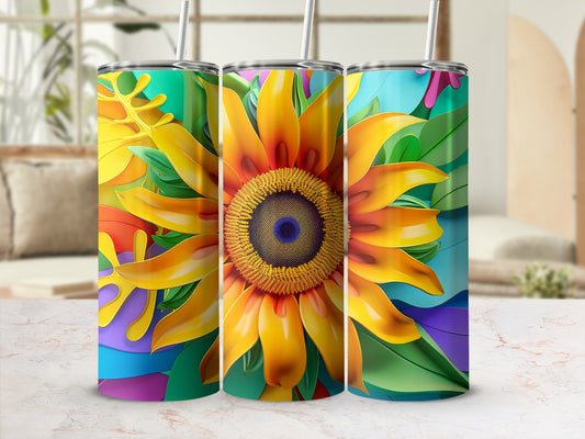 Three tumblers featuring a large sunflower and abstract tropical leaves design.
