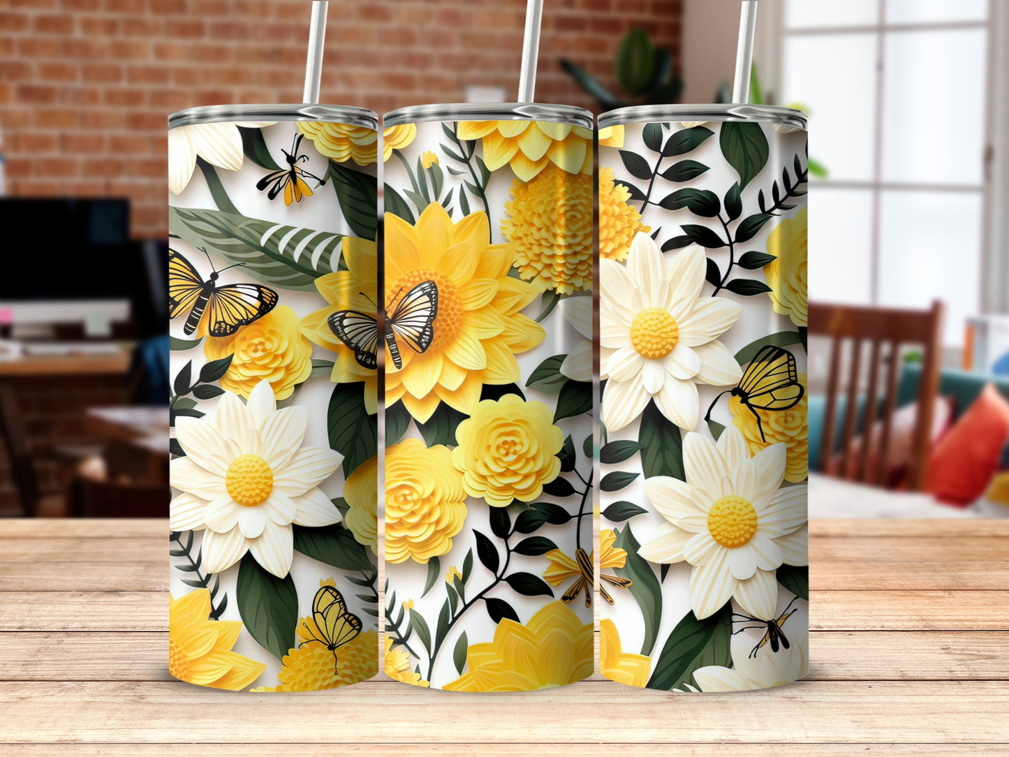 Vibrant Floral Insulated Tumblers with Butterfly Art
