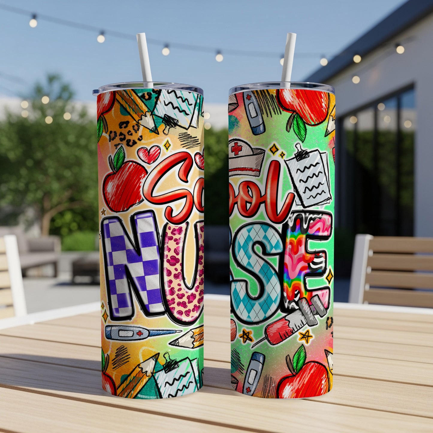 "School Nurse" text wraps around two tumblers with school and medical themed graphics.