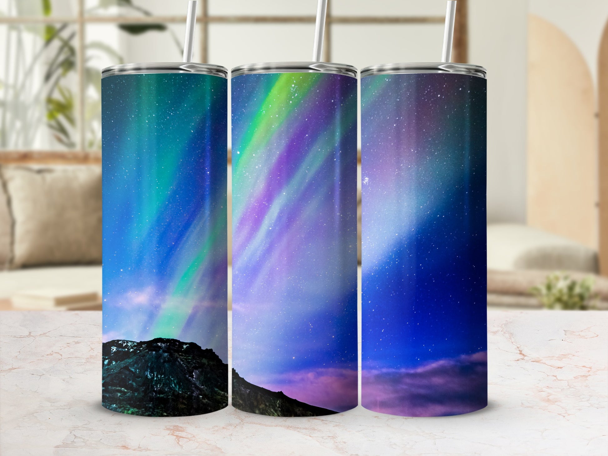 Northern Lights Themed Tumbler Flask with Straw Flask