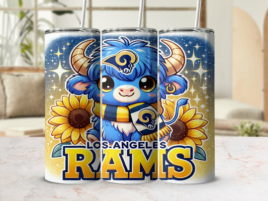 Los Angeles Rams fuzzy blue mascot with sunflowers and glitter.