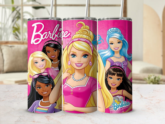 Pink tumbler with Barbie characters and "Barbie" logo.