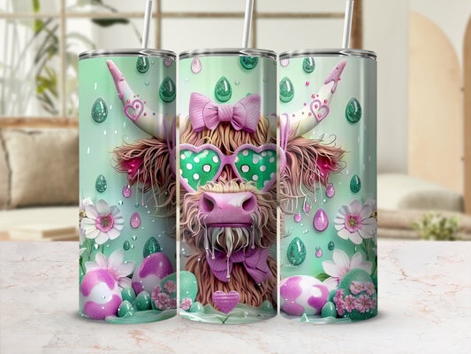 Green tumbler with pink highland cow wearing heart sunglasses and a bow.