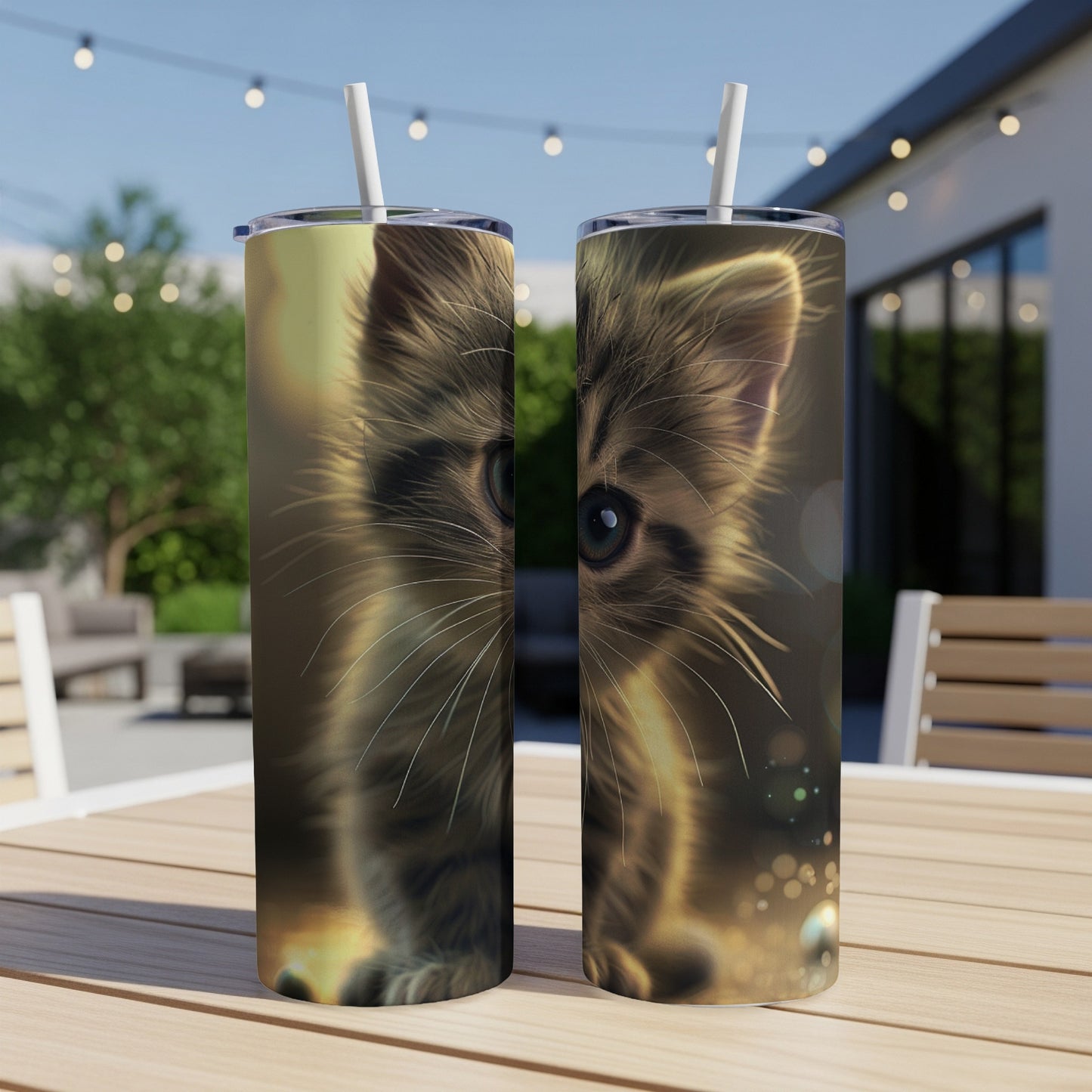 Two tumblers featuring a close-up of a fluffy kitten's face with glowing accents.