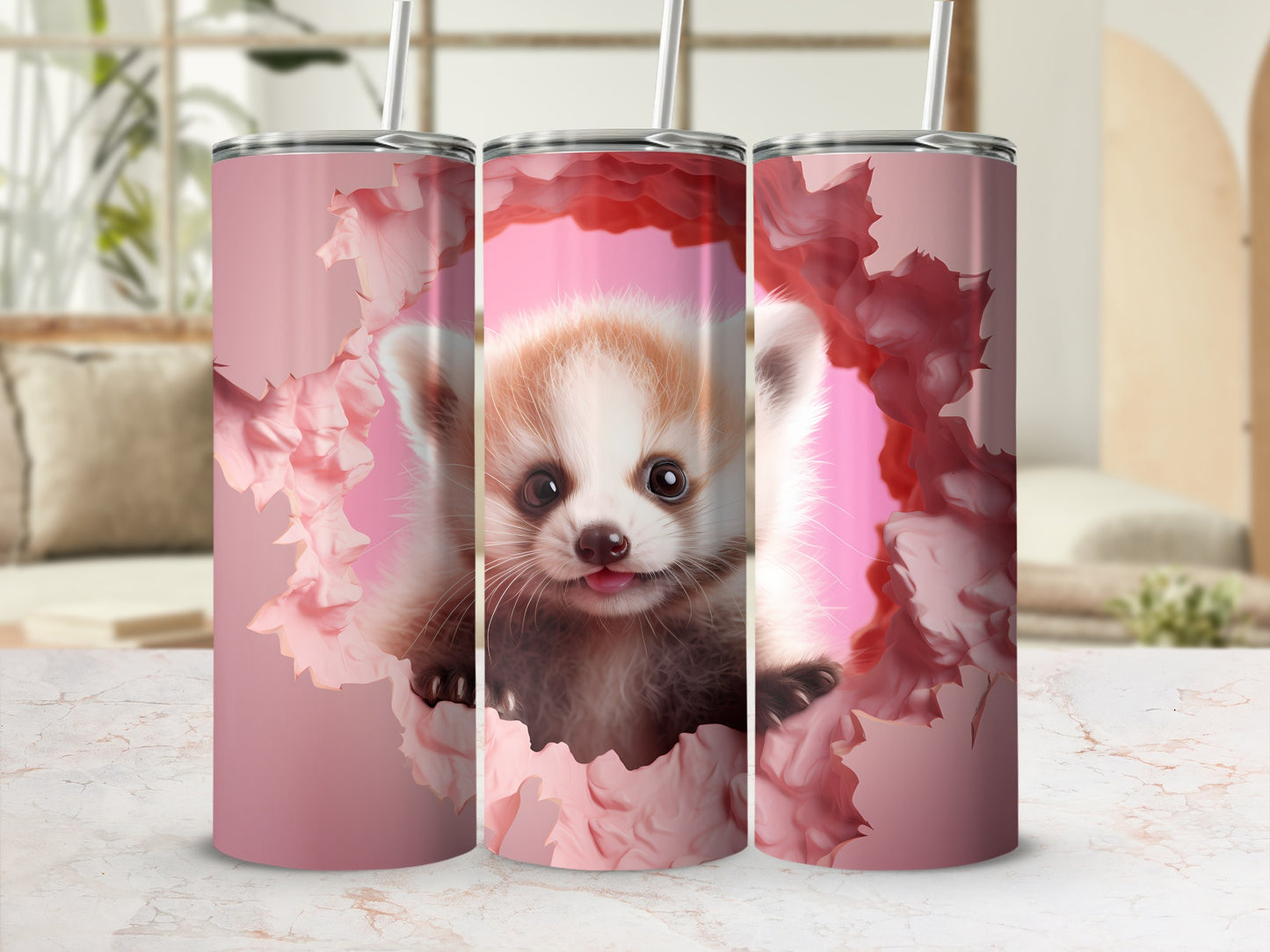 Adorable Red Panda Pink Floral Design Tumbler Cup