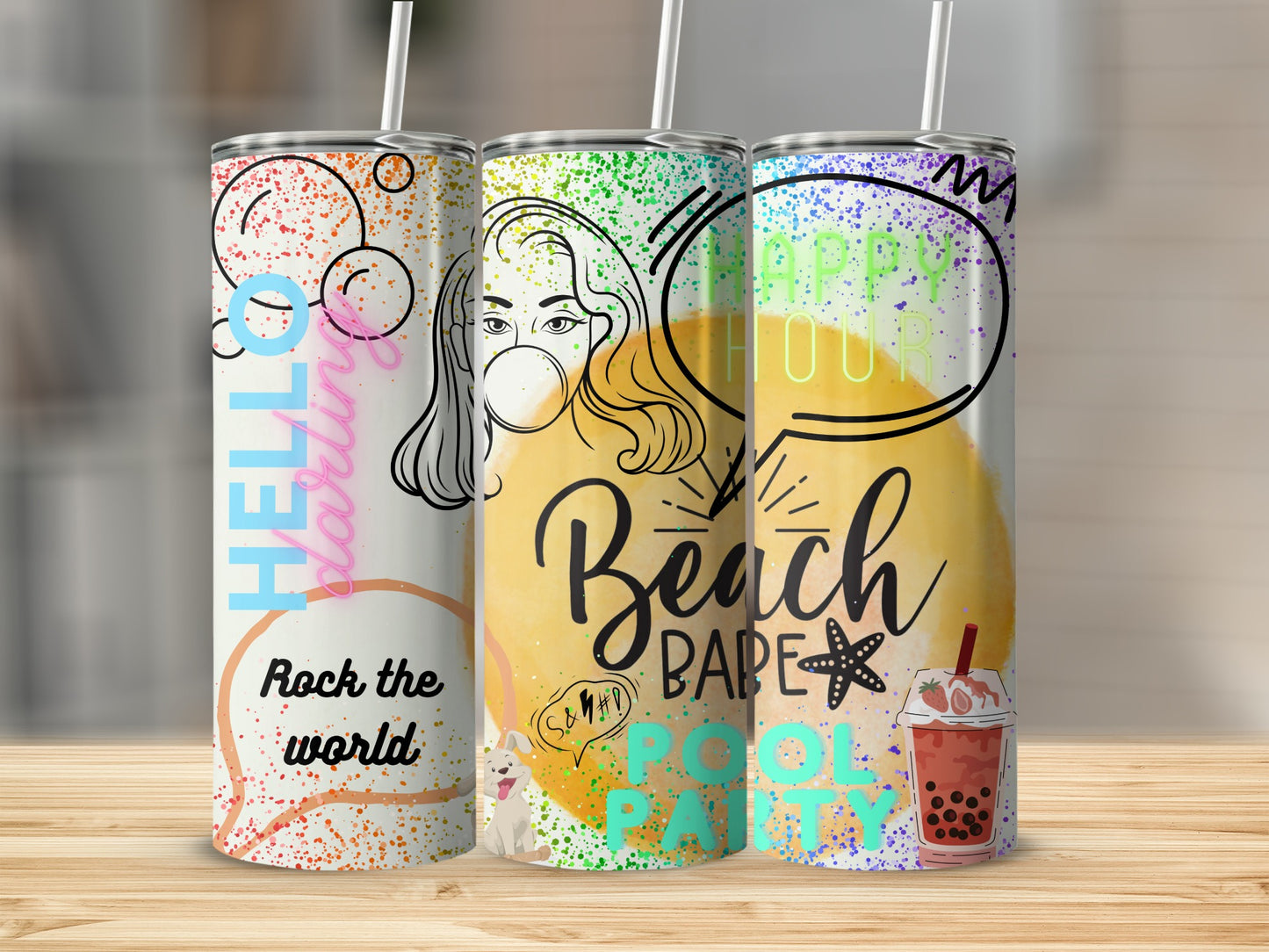 Colorful Beach Babe Pool Party Tumblers with Straws