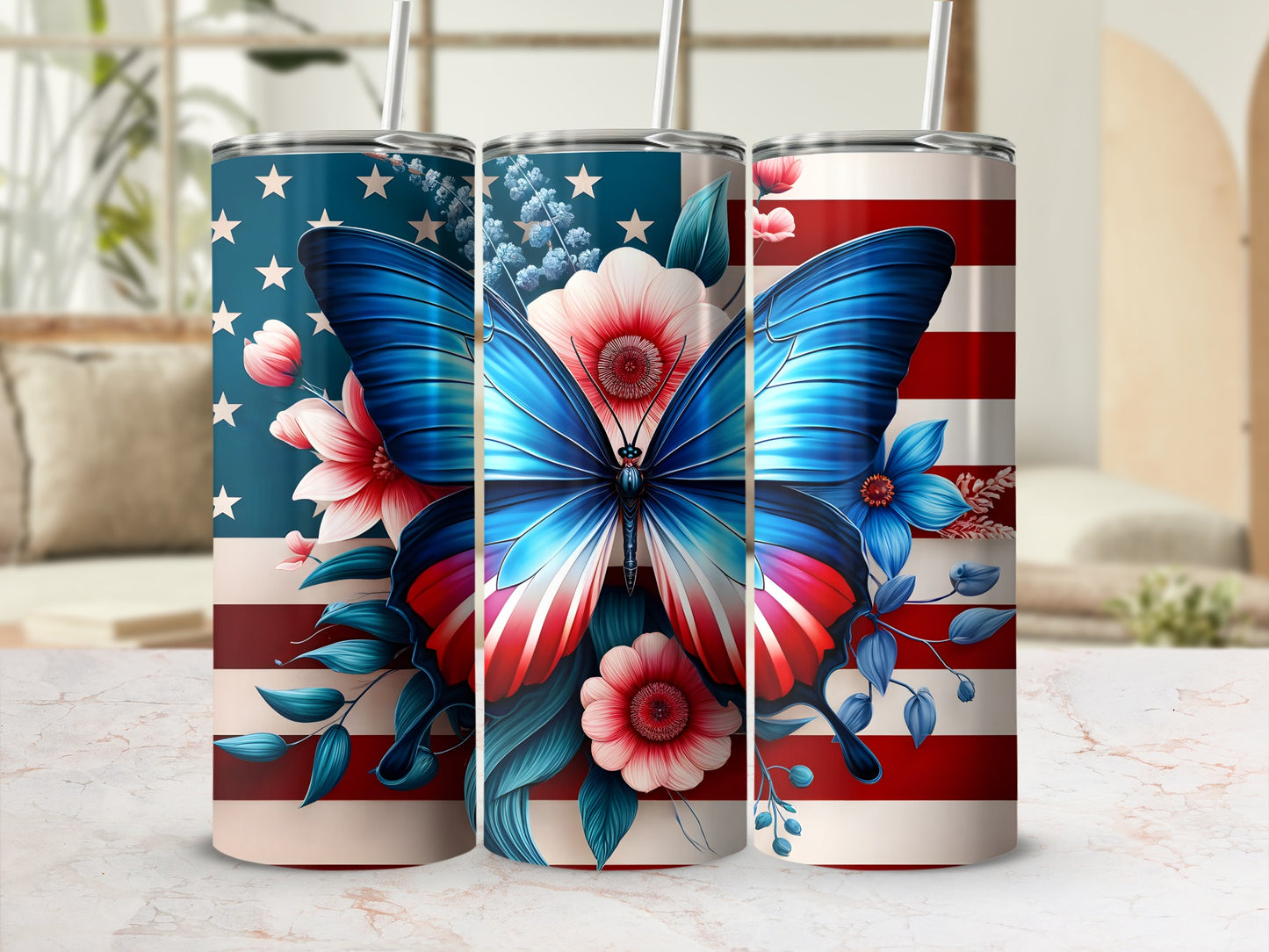 Three tumblers with American flag pattern and floral butterfly designs.