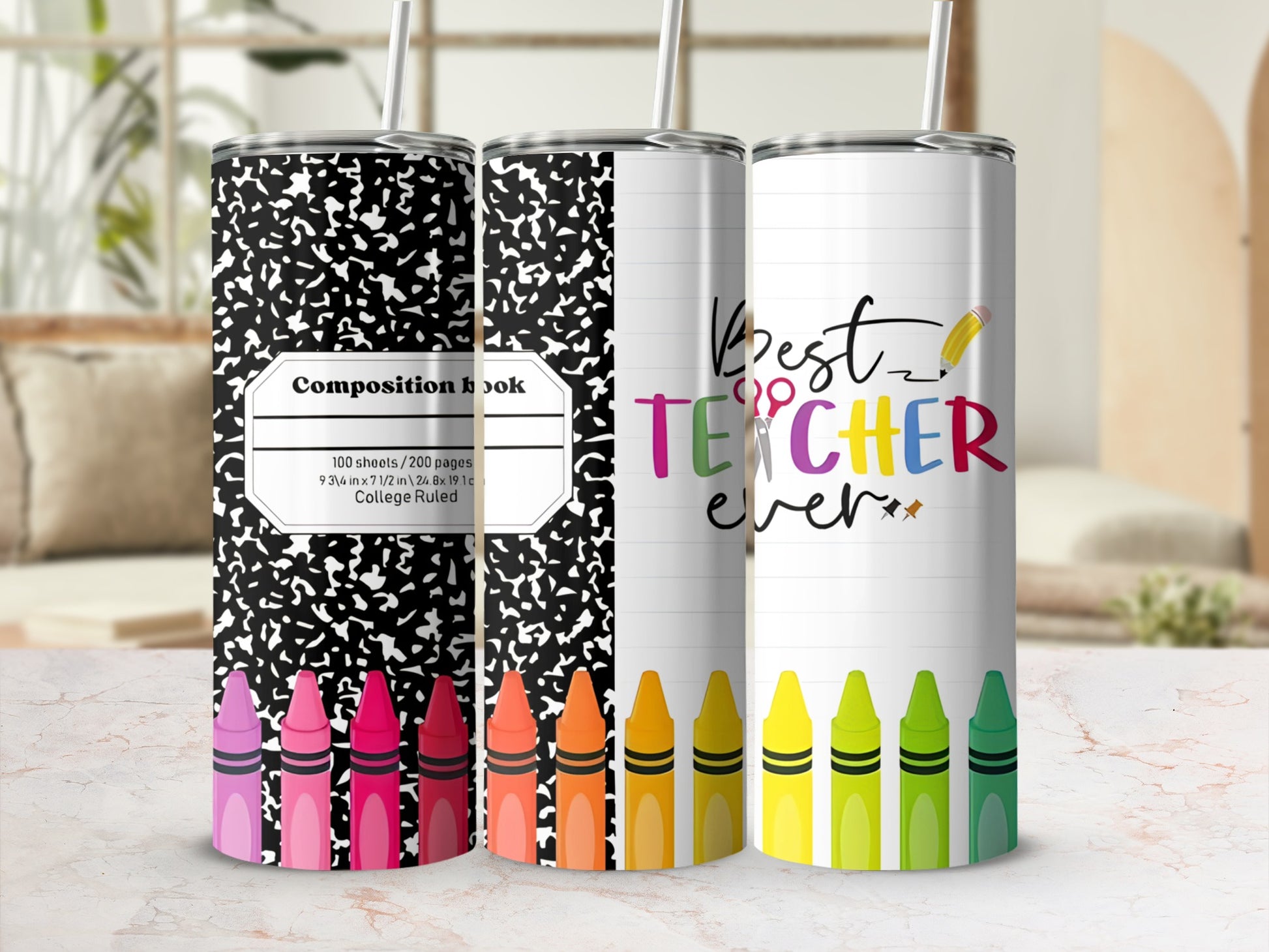 Composition notebook design tumbler with crayons and "Best Teacher Ever" text.