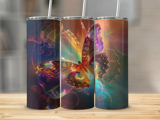 Three tumblers featuring a colorful, iridescent butterfly design against a glowing abstract background.