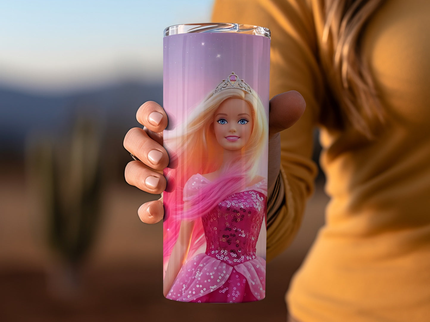 Pink Princess Barbie Doll on Sunset Background Tumblers