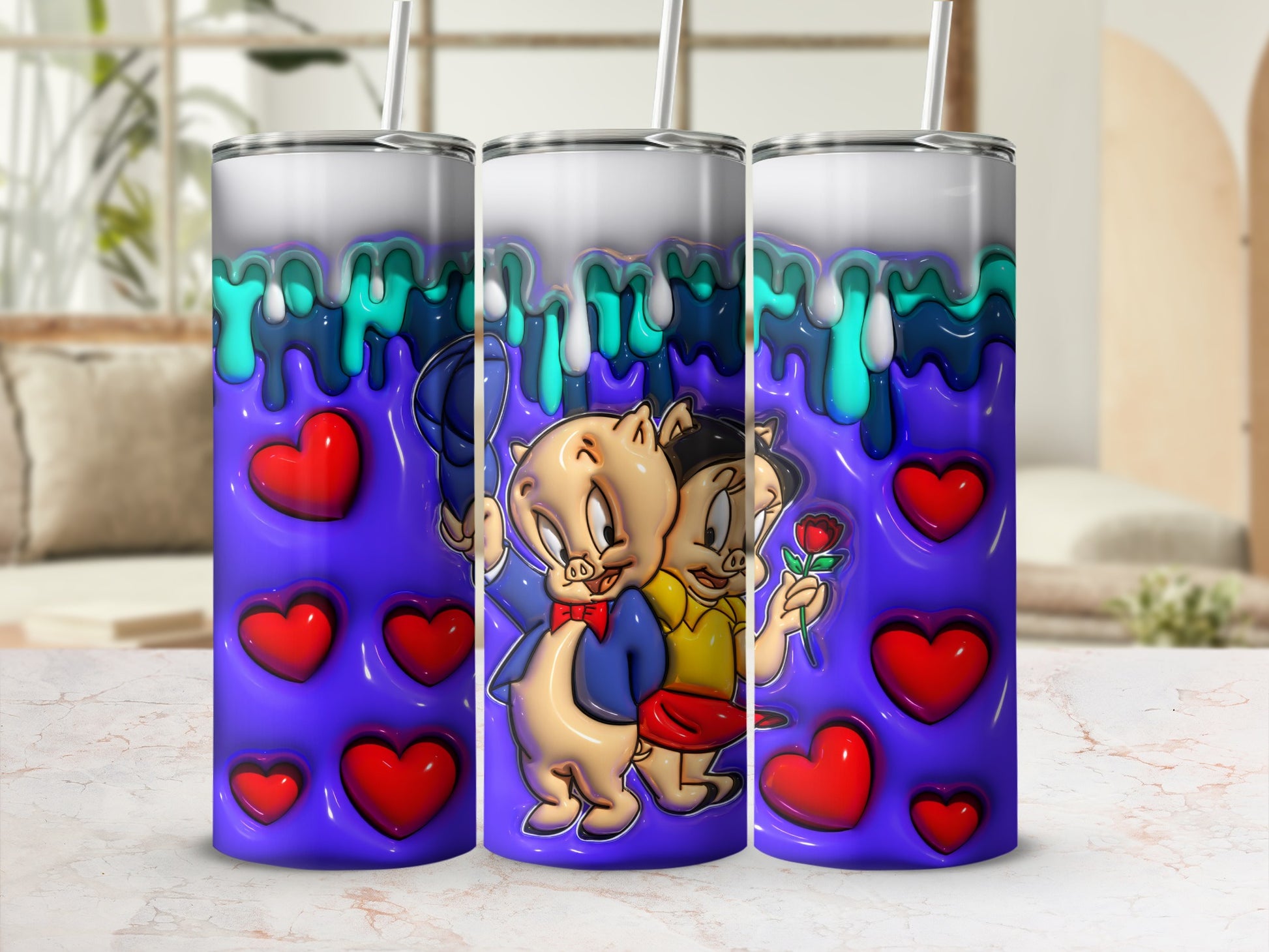 Cute Pigs with Hearts and Blue Drips Tumbler