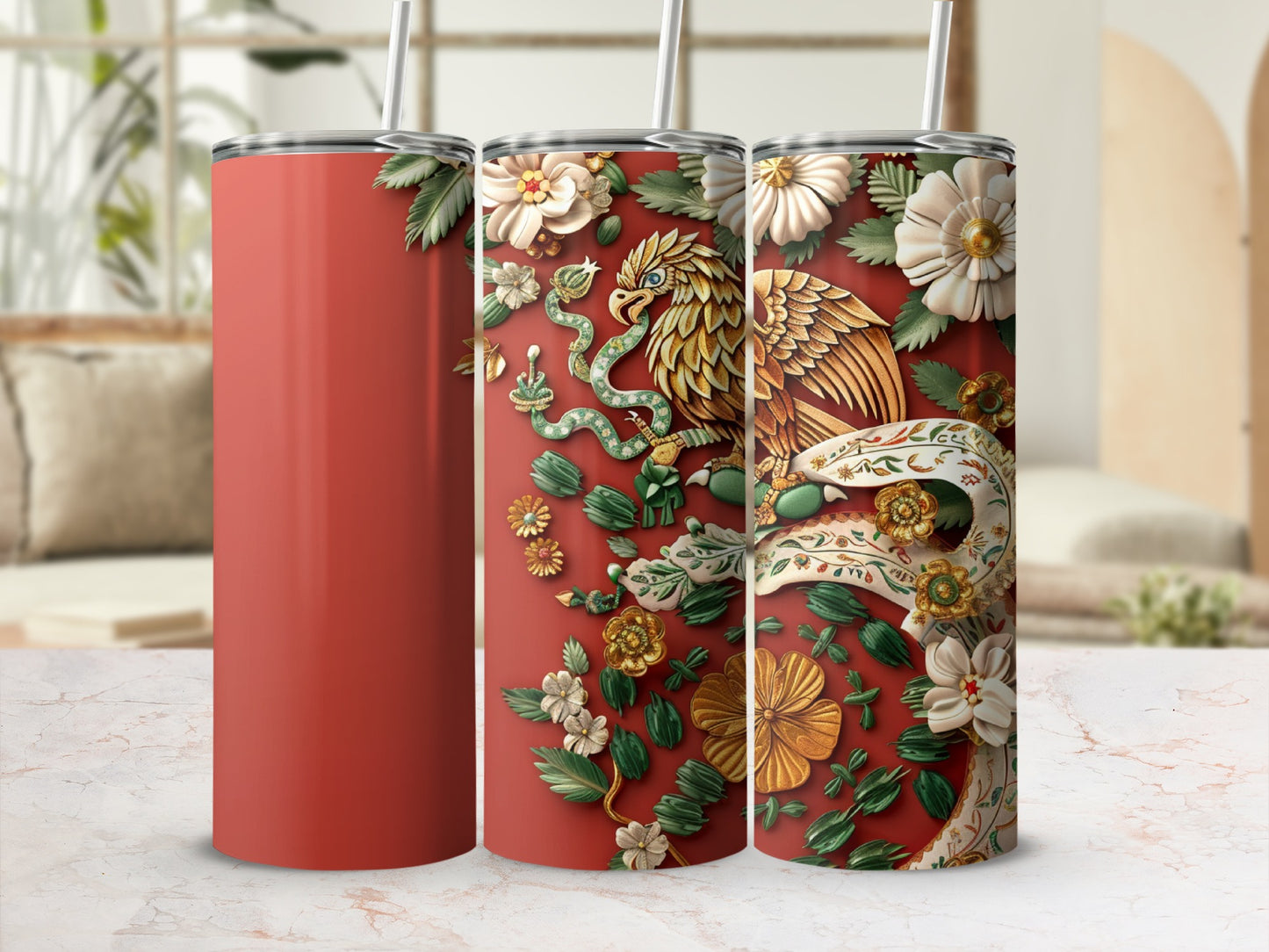 Red tumbler with intricate golden eagle and floral design.