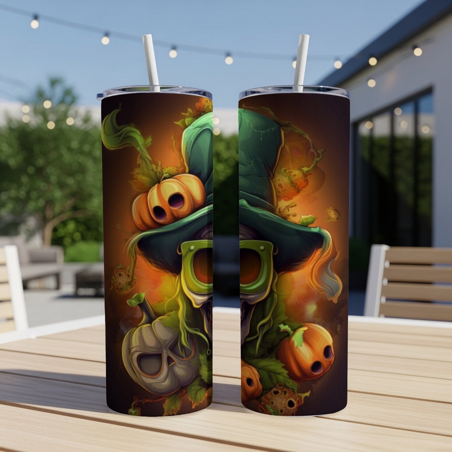 Two Halloween-themed tumblers featuring a pumpkin and skull design with green accents.
