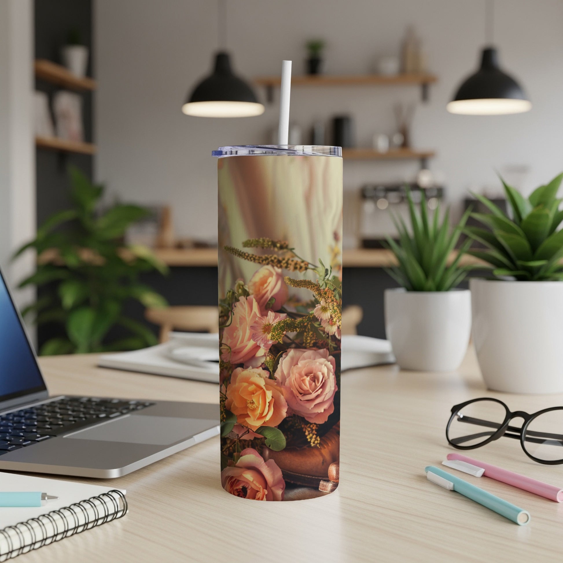 Tall tumbler with vintage floral roses and greenery design.