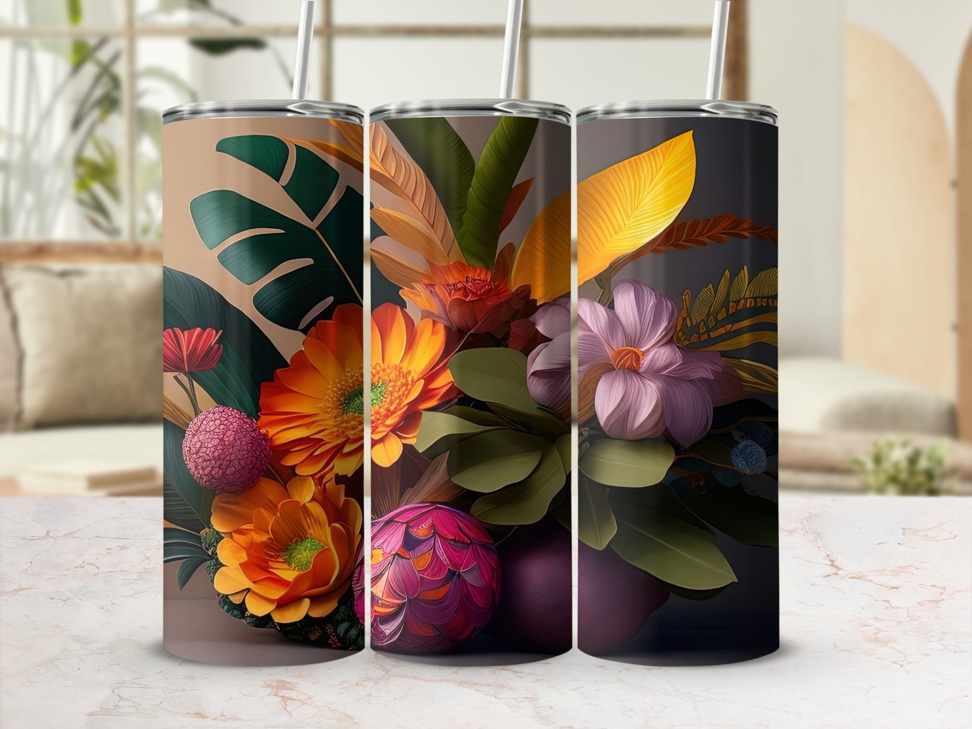 Vibrant Floral Pattern on Tall Insulated Tumbler