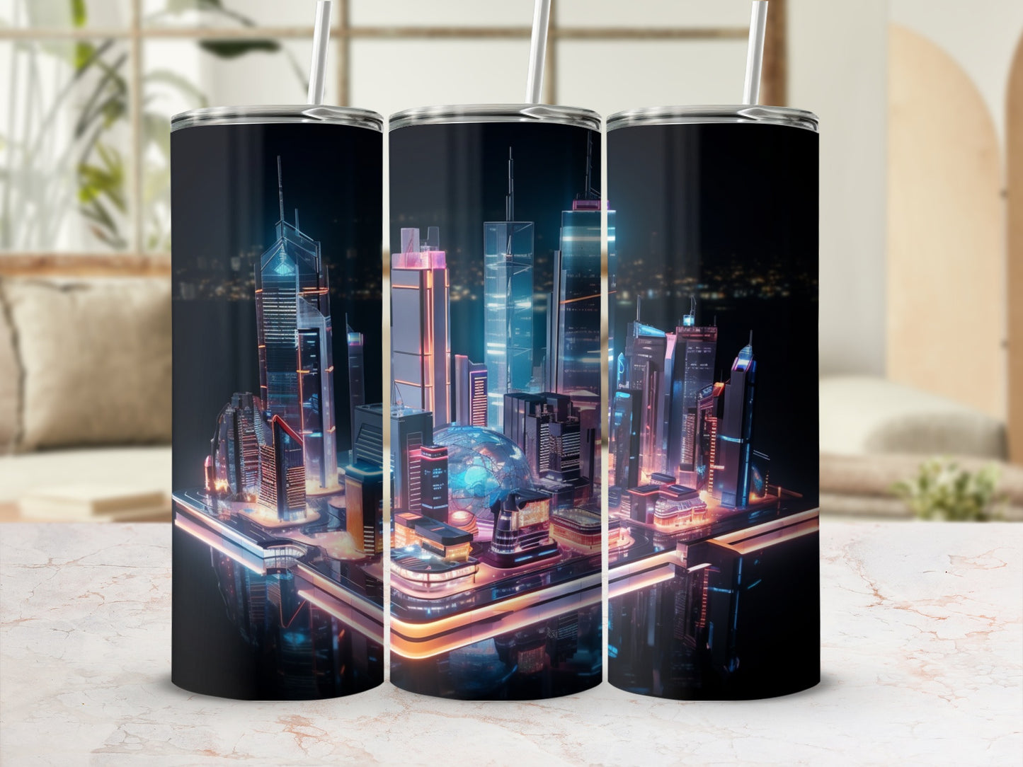 Futuristic Neon Cityscape Design Tumbler