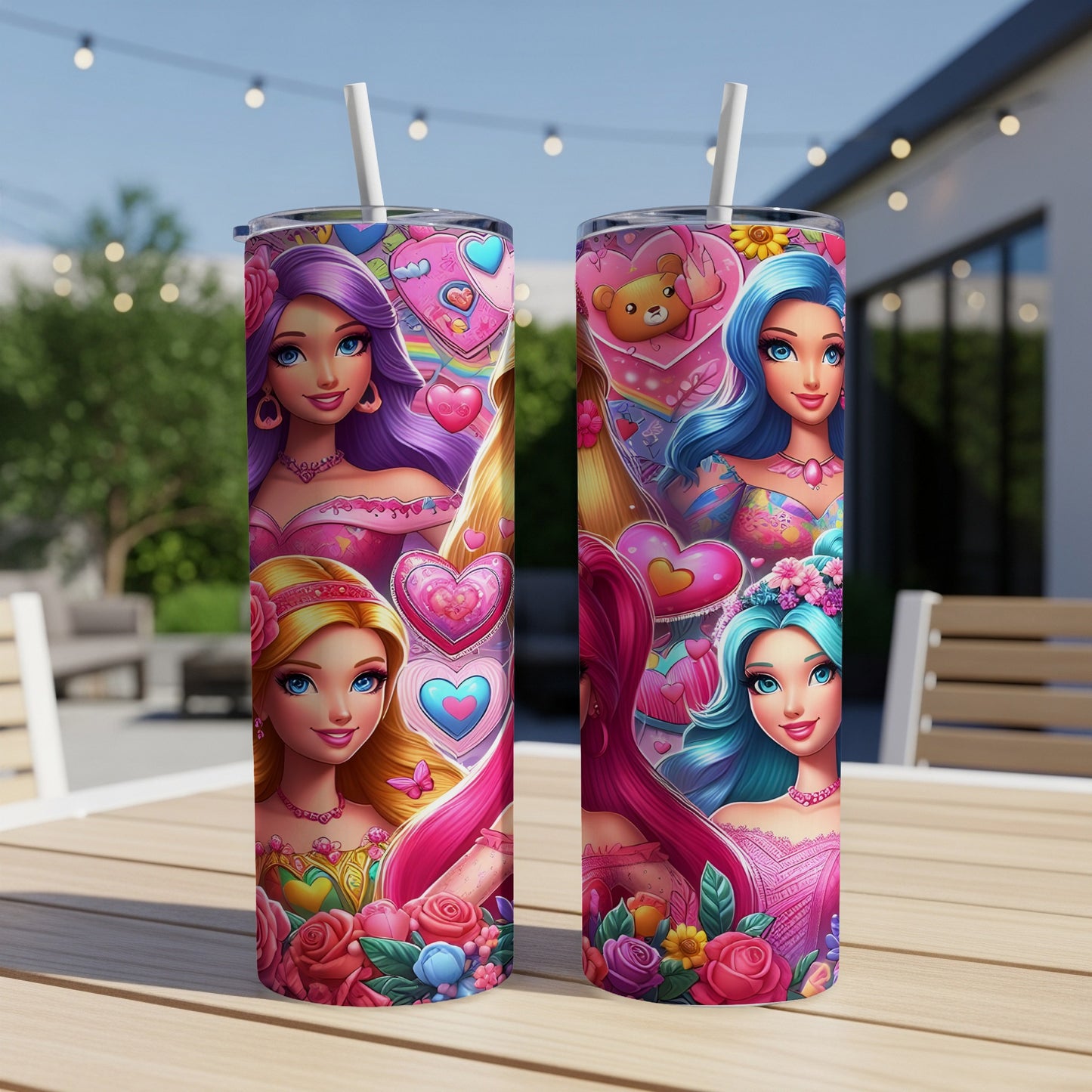 Two tumblers with colorful cartoon princesses, hearts, and teddy bears.
