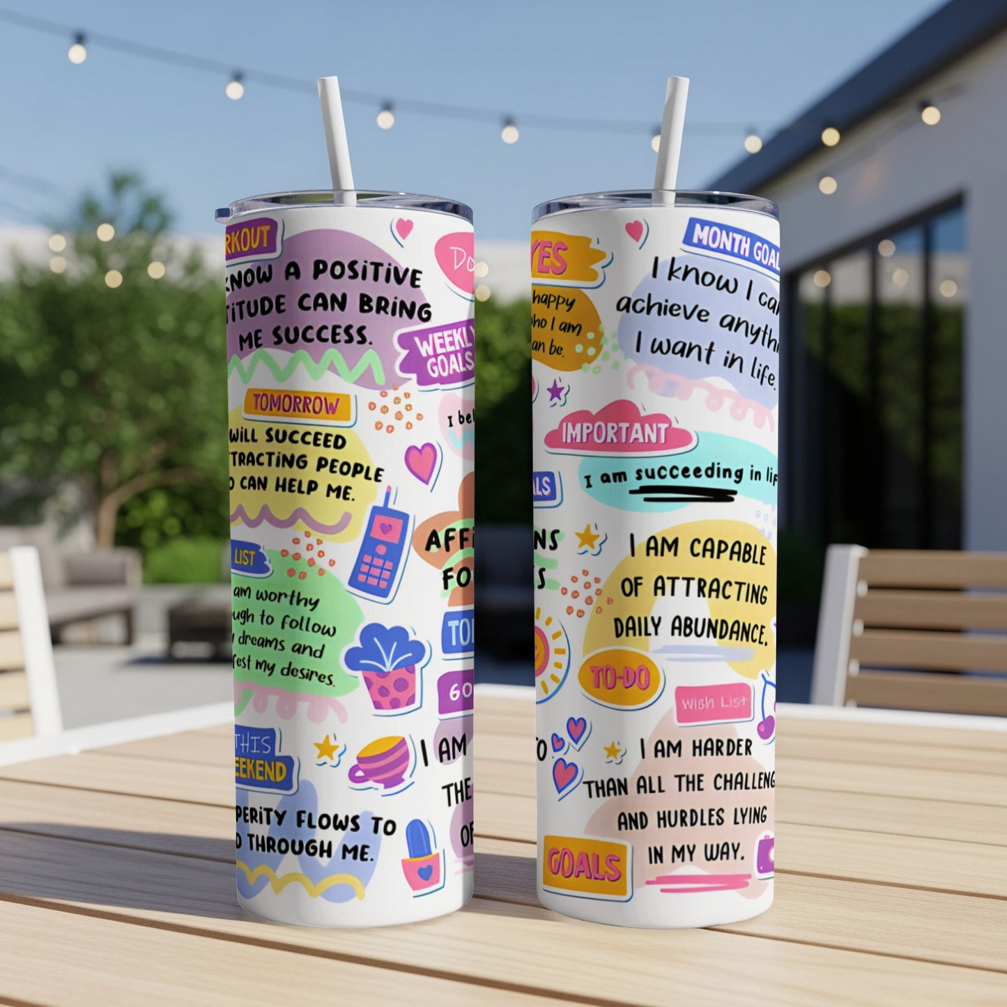 Two tumblers with motivational quotes and affirmations in pastel colors.