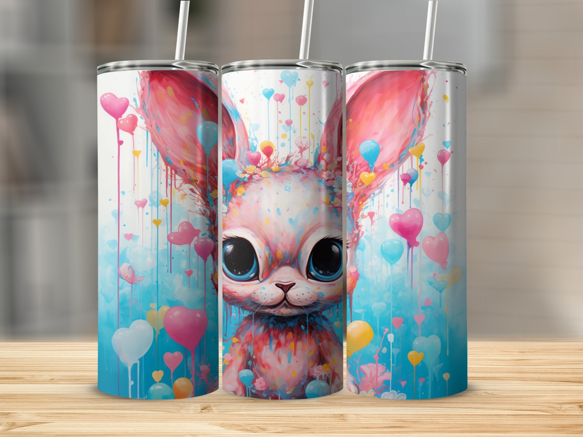 Colorful Bunny Creature Big Eyes Hearts Balloon Art Tumbler product type
bunny
rabbit
creature
fantasy animal
big eyes
cute animal
hearts
balloons
paint splatter
watercolor art
colorful design
pink blue yellow
vibrant tumbler
artistic cup
unique drinkware
insulated mug
whimsical gift
adorable design
beverage holder
trendy tumbler