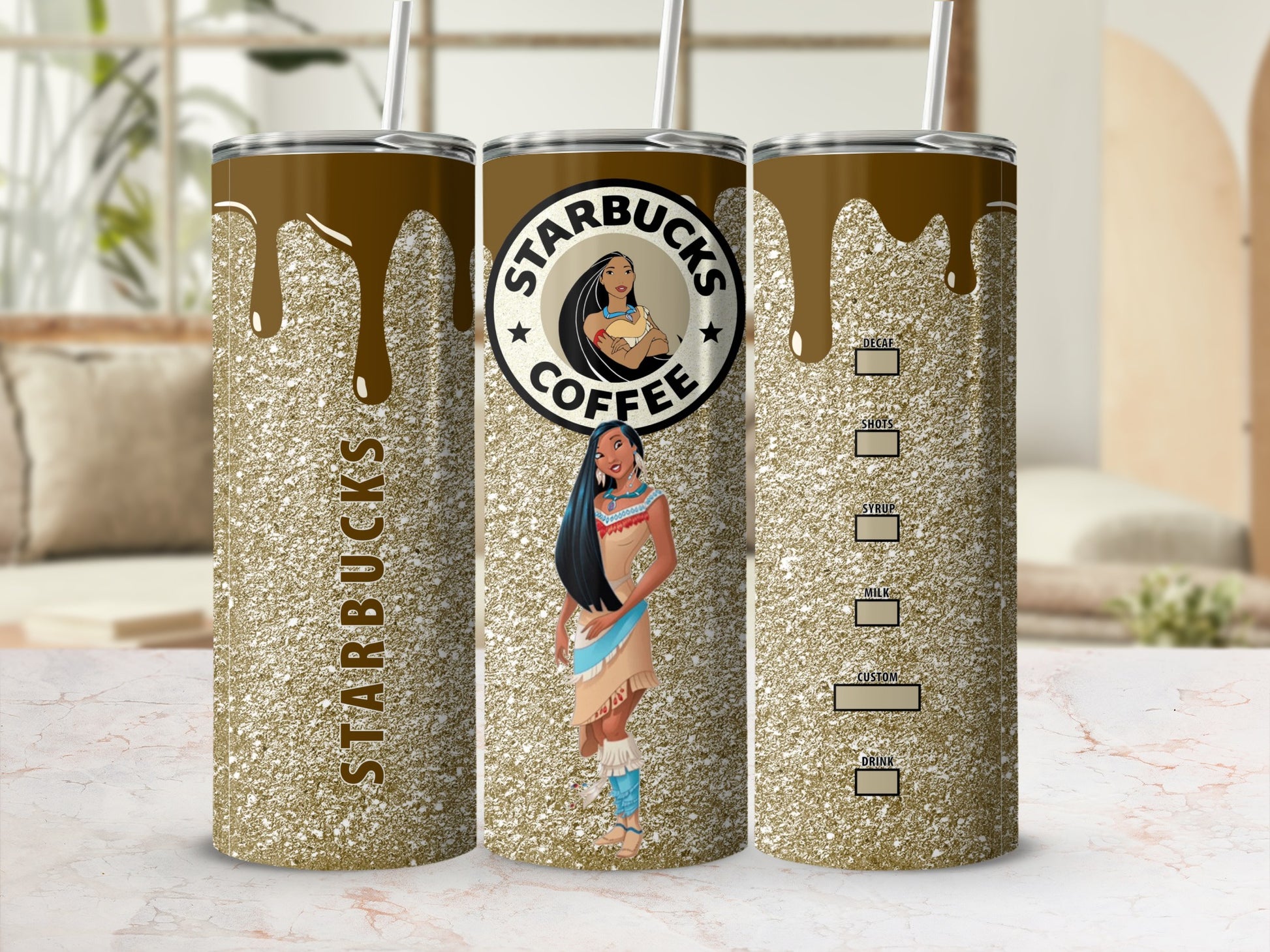 Glitter Starbucks Coffee Pocahontas Inspired Tumbler Cup