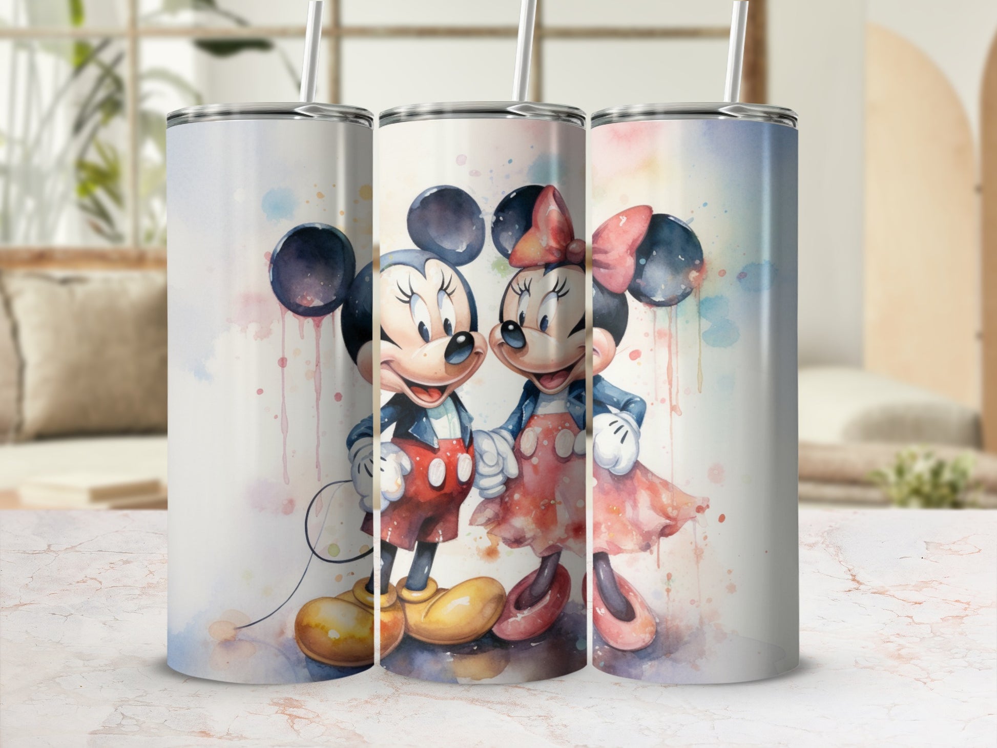 Cute Mickey and Minnie Watercolor Art Tumbler