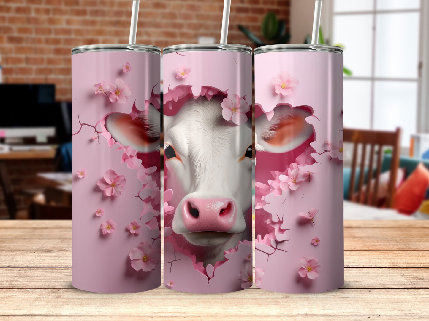 Cute Pink Blossoms Cow Peeking Art Design Tumbler product type
