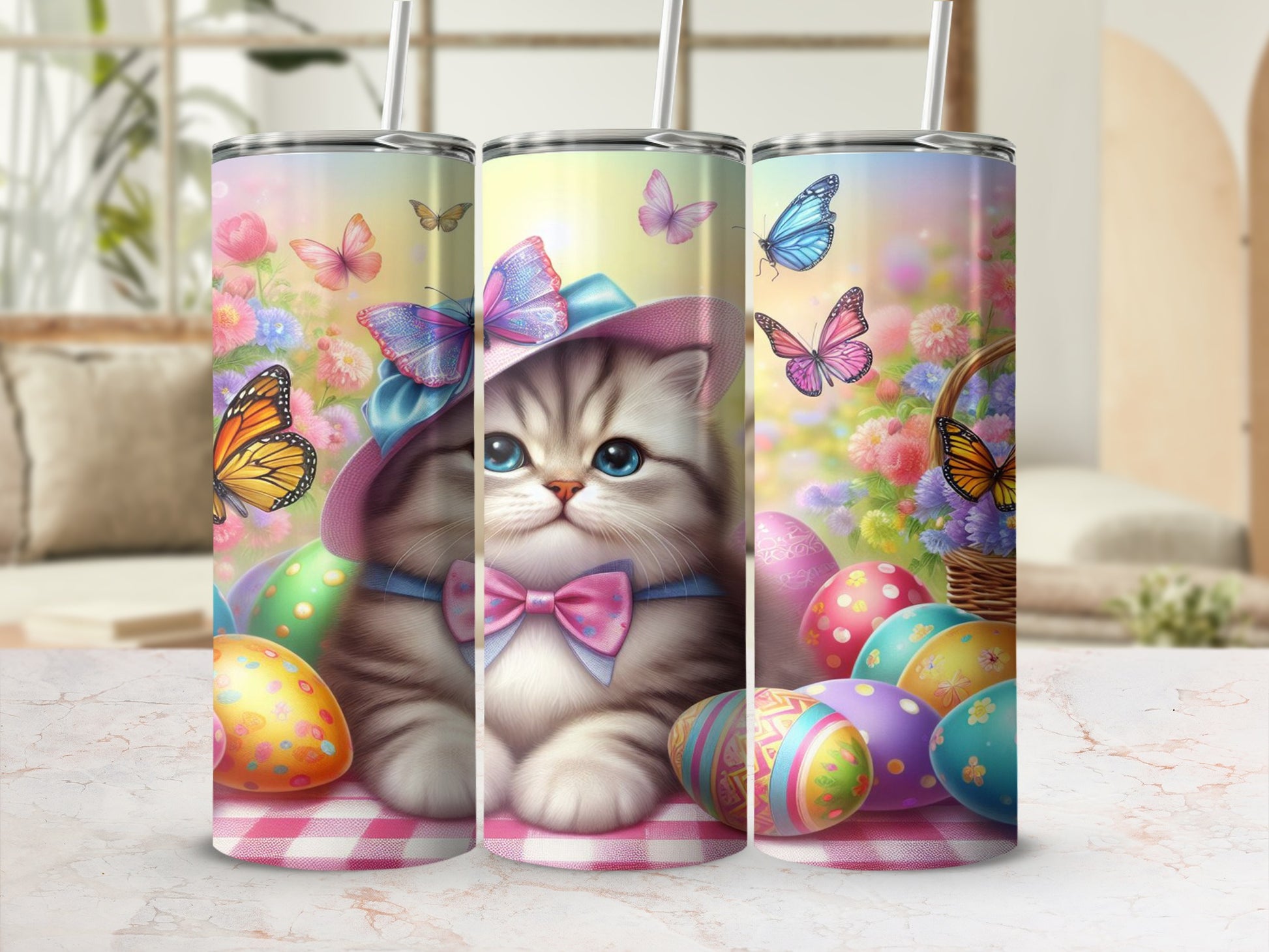 Cute kitten in a hat with Easter eggs and butterflies.