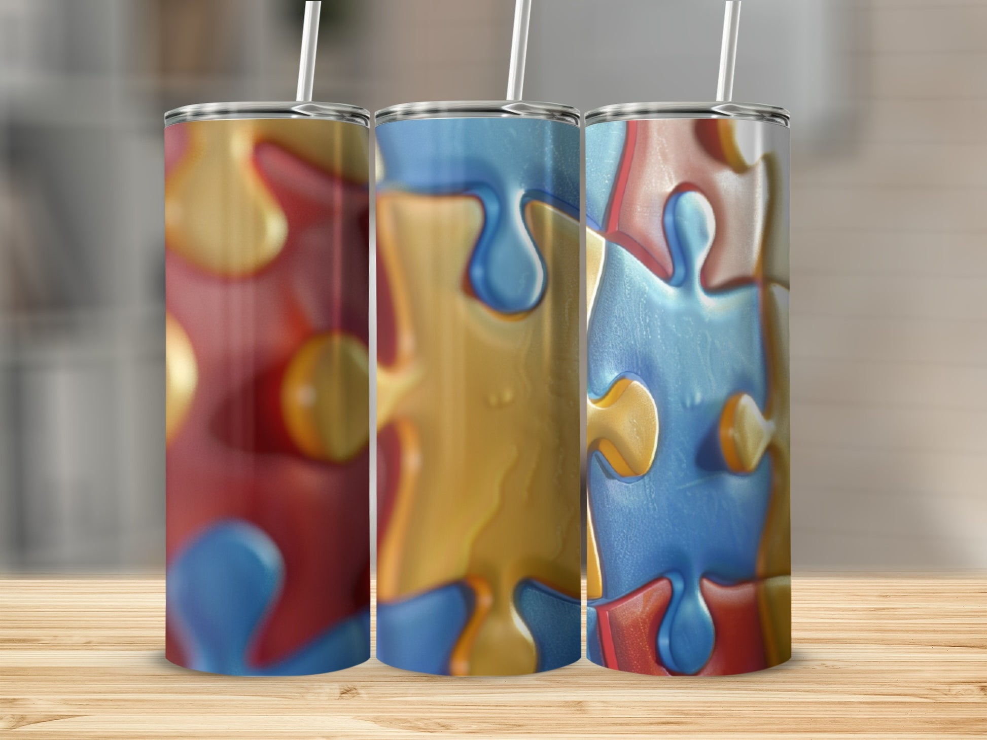 Three colorful puzzle piece tumblers with straws on a wooden surface.