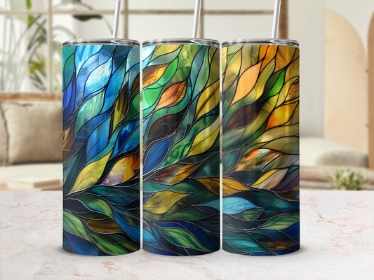 Three tumblers with colorful stained-glass leaf pattern.