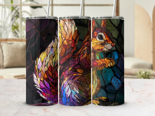 Tapered tumbler with colorful stained-glass squirrel pattern.