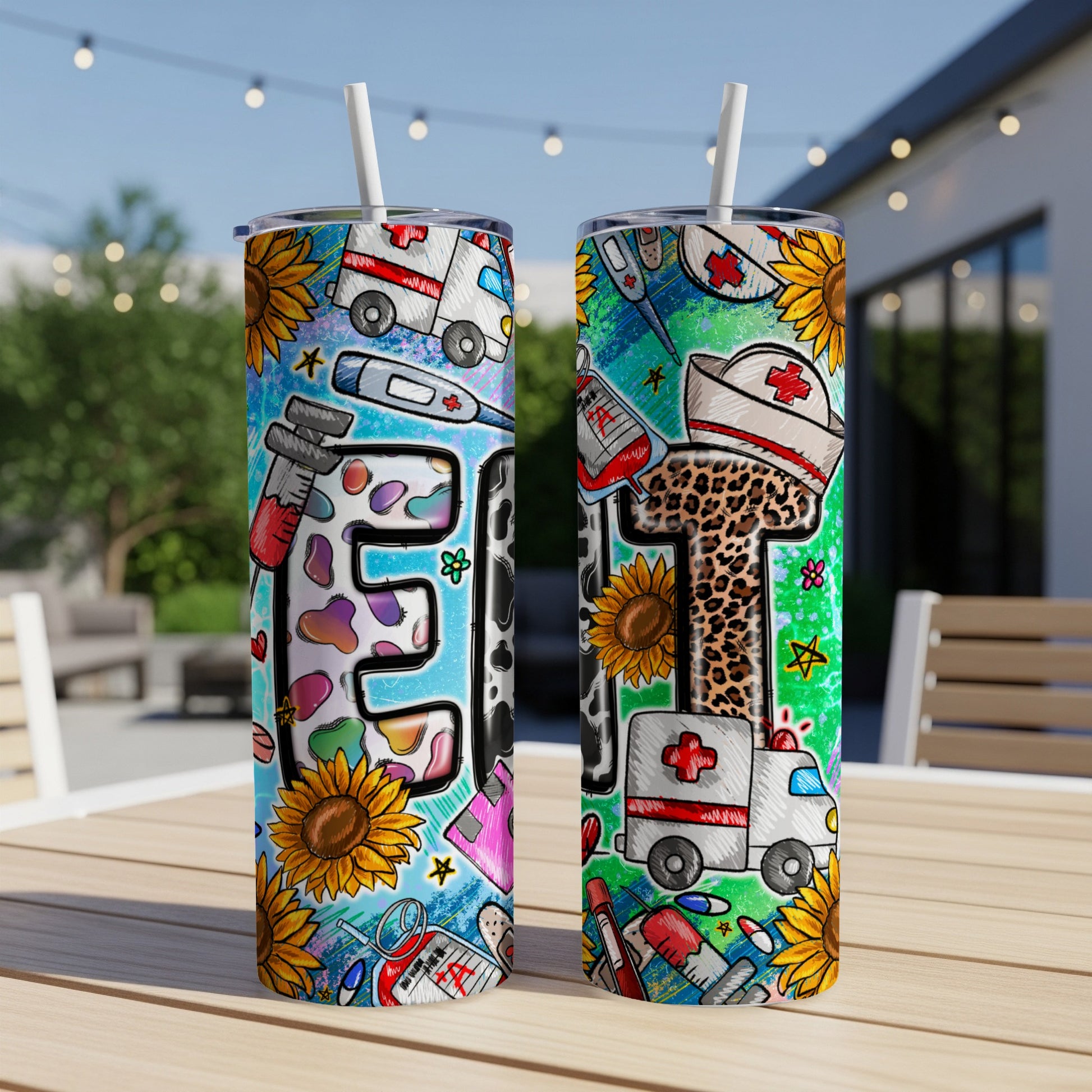 Two tumblers with medical and floral designs, including a stethoscope, ambulance, and sunflowers.