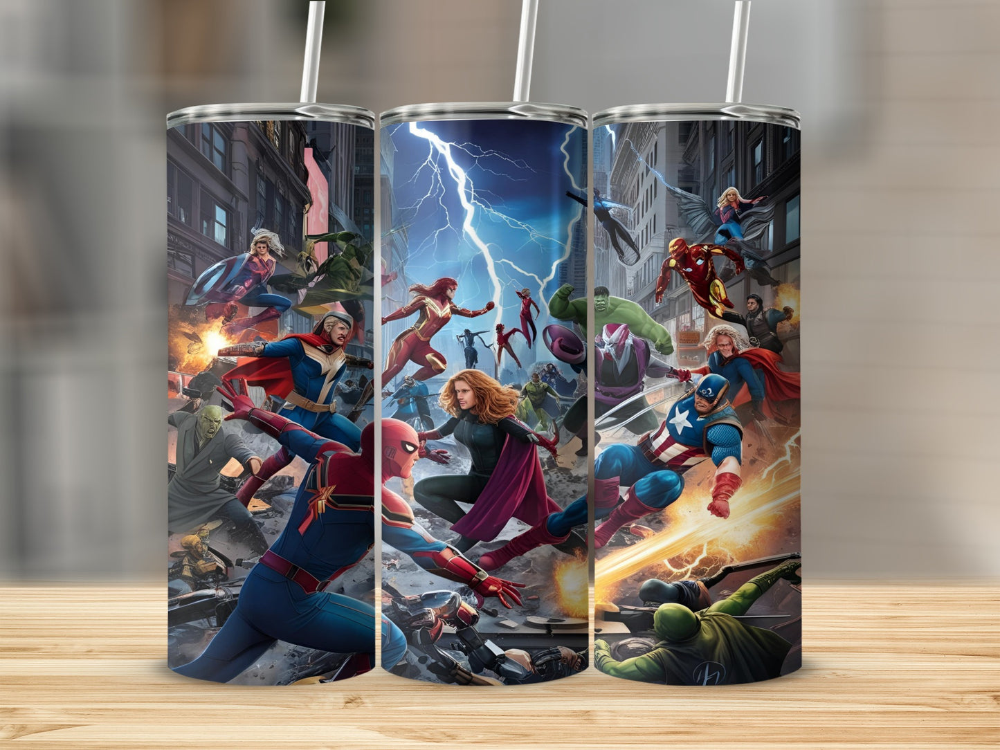 Marvel superheroes fight villains on a colorful tumbler.
